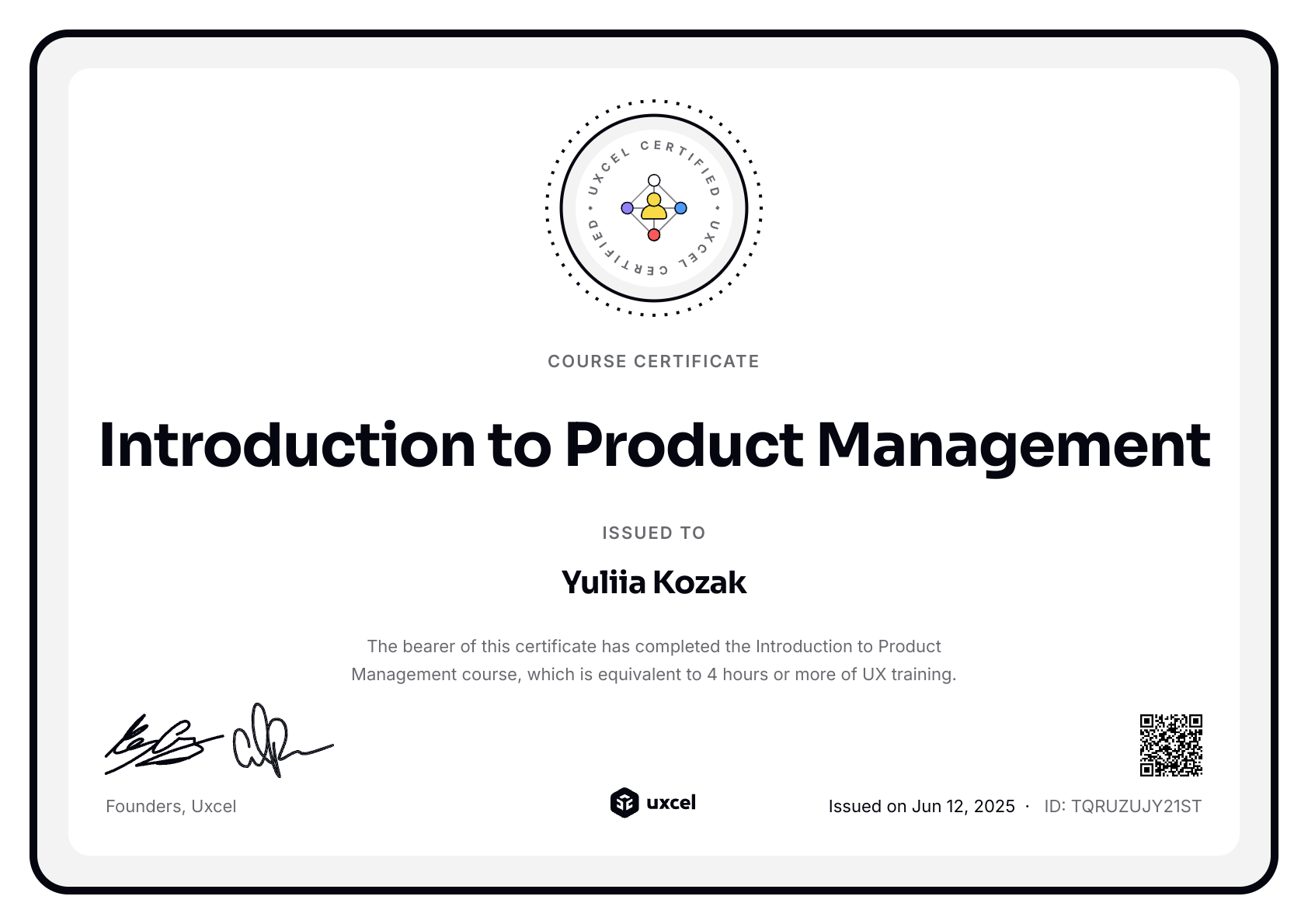 Yuliia Kozak's certificate